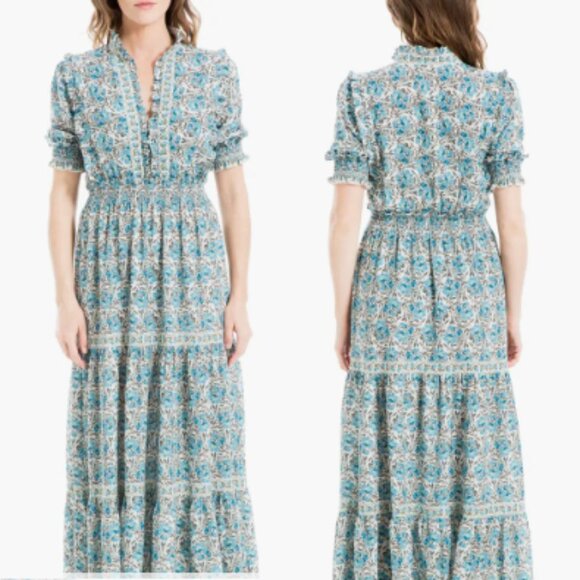 Max Studio Elbow Length Sleeve Print Tiered Maxi Dress ditsy floral Green White - Picture 3 of 17